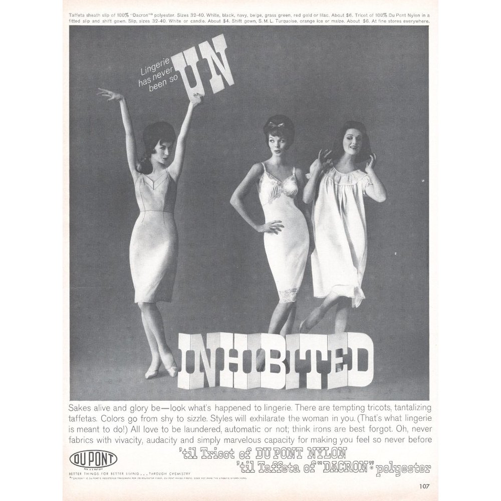 1961 Uninhibited Lingerie Dupont Tricot and Dacron Vintage Print Ad Photo 60s